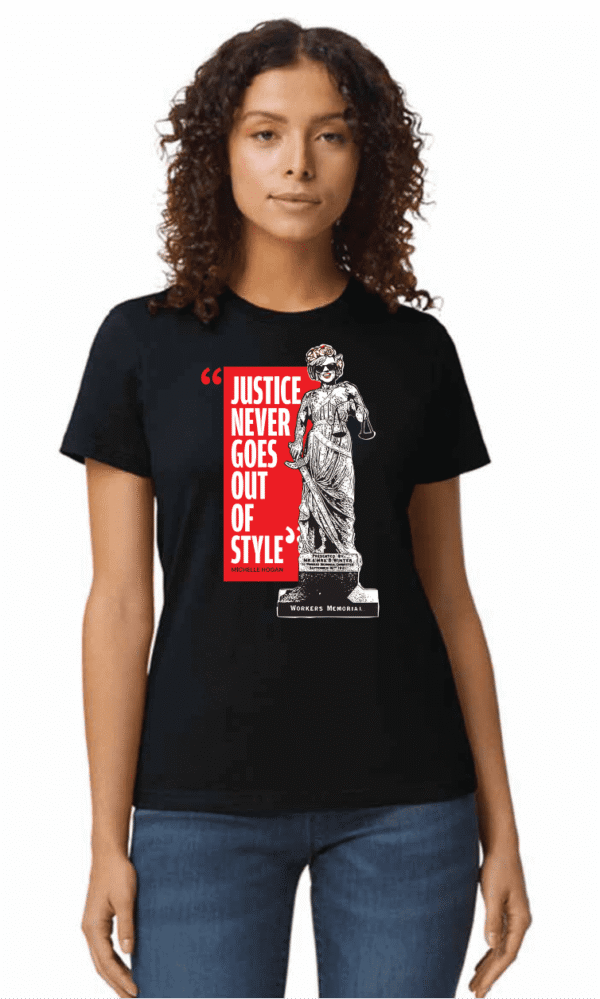 A woman wearing a Tshirt that says Justice never goes out of style.