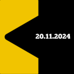 A yellow abstract shape resembling a stylized “arrow” on a black background, with the date “20.11.2024” in bold white text on the right side