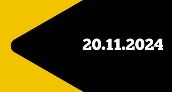A yellow abstract shape resembling a stylized “arrow” on a black background, with the date “20.11.2024” in bold white text on the right side