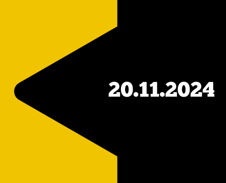 A yellow abstract shape resembling a stylized “arrow” on a black background, with the date “20.11.2024” in bold white text on the right side