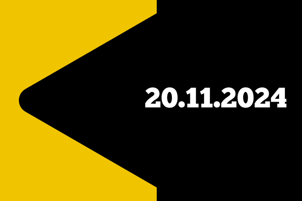A yellow abstract shape resembling a stylized “arrow” on a black background, with the date “20.11.2024” in bold white text on the right side