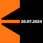 An orange abstract shape resembling a stylized “pen” on a black background, with the date “20.07.2024” in bold white text on the right side