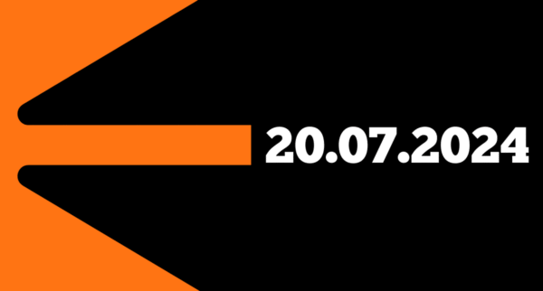 An orange abstract shape resembling a stylized “pen” on a black background, with the date “20.07.2024” in bold white text on the right side