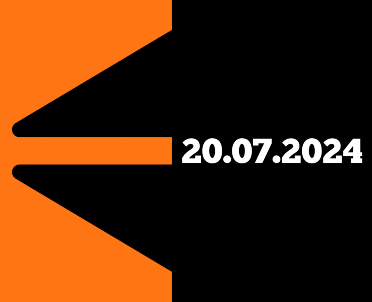 An orange abstract shape resembling a stylized “pen” on a black background, with the date “20.07.2024” in bold white text on the right side
