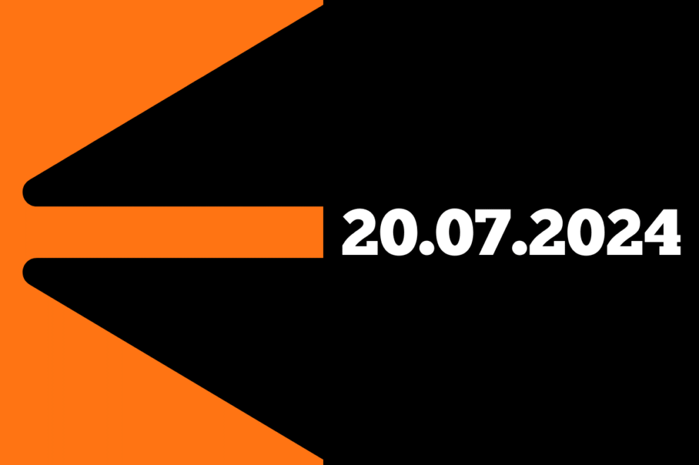 An orange abstract shape resembling a stylized “pen” on a black background, with the date “20.07.2024” in bold white text on the right side