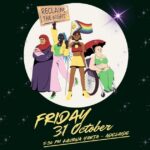 Illustrated poster for Reclaim the Night. It features four diverse women standing together in front of a large glowing moon. One woman wears a hijab and holds a baby, another with blue braids raises a “Reclaim the Night” sign, a third holds a Pride Progress and Intersex flag, and a fourth sits in a wheelchair holding a red umbrella. The text at the bottom reads: “Friday 31 October, 5:30 PM Kaurna Yarta – Adelaide.” The background is black with purple stars.