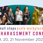 Banner for the “Small Steps | Safe Workplaces Sexual Harassment Conference,” hosted by Women’s Legal Service Tasmania. The image features diverse participants smiling, talking, and applauding at a professional event. Text reads: “Sexual Harassment Conference – 19, 20, 21 November 2025.”