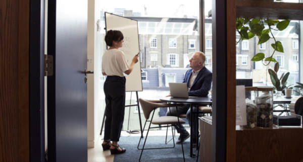 A woman stands beside a whiteboard presenting to a seated man with a laptop in a modern office meeting room, viewed through a doorway with plants and city buildings visible through large windows.