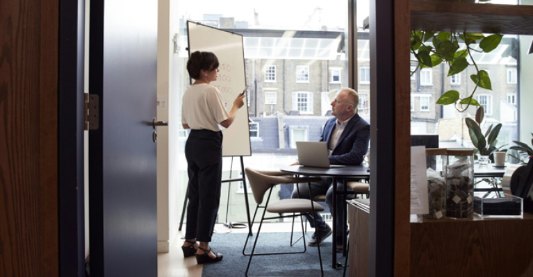 A woman stands beside a whiteboard presenting to a seated man with a laptop in a modern office meeting room, viewed through a doorway with plants and city buildings visible through large windows.