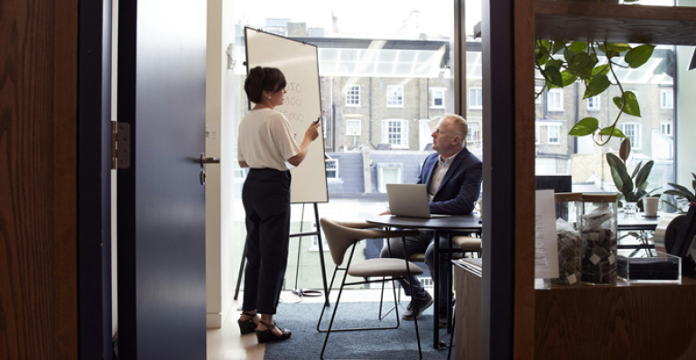 A woman stands beside a whiteboard presenting to a seated man with a laptop in a modern office meeting room, viewed through a doorway with plants and city buildings visible through large windows.