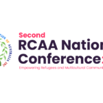 Banner for the Second RCAA National Conference 2026 with the theme “Empowering Refugees and Multicultural Communities Together,” featuring a multicoloured graphic of diverse community silhouettes forming a circle around a map of Australia.