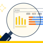 Illustration of a magnifying glass over a computer dashboard showing charts and data bars, representing analysis of workplace gender pay gap data.