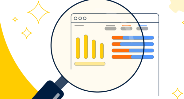Illustration of a magnifying glass over a computer dashboard showing charts and data bars, representing analysis of workplace gender pay gap data.