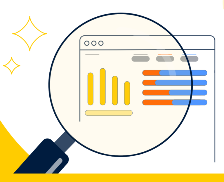 Illustration of a magnifying glass over a computer dashboard showing charts and data bars, representing analysis of workplace gender pay gap data.