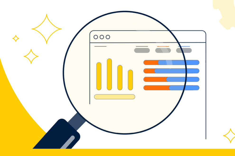 Illustration of a magnifying glass over a computer dashboard showing charts and data bars, representing analysis of workplace gender pay gap data.