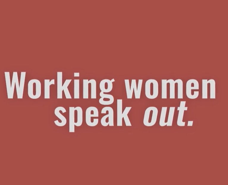 Red background with the words “Working women speak out.” in bold white text.