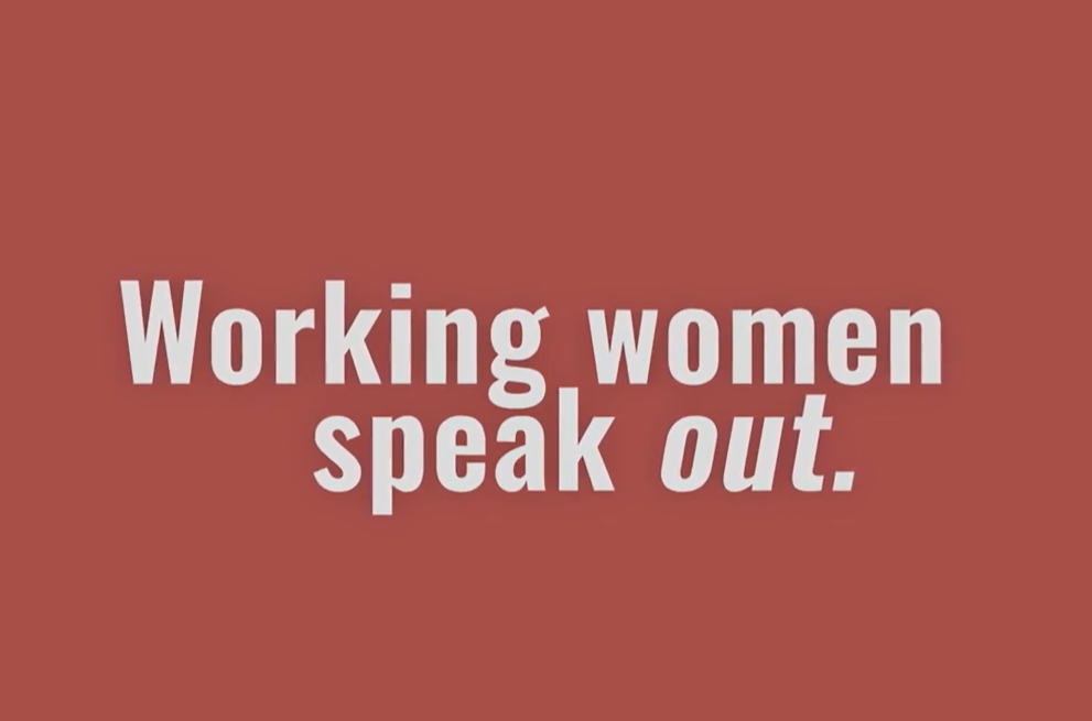Red background with the words “Working women speak out.” in bold white text.