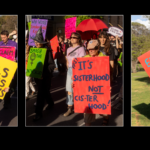 Three photographs from a Reclaim the Night march. The first shows participants walking together, with one person holding a large yellow sign reading, 