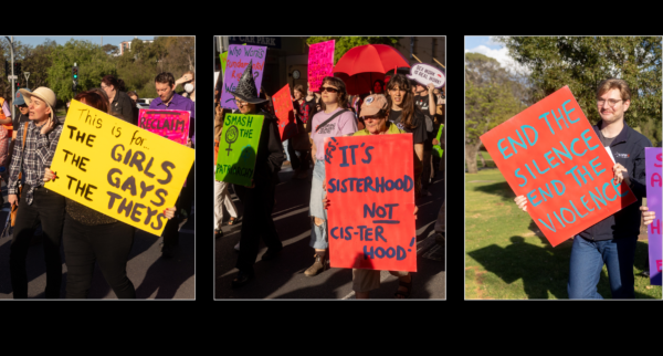 Three photographs from a Reclaim the Night march. The first shows participants walking together, with one person holding a large yellow sign reading, 